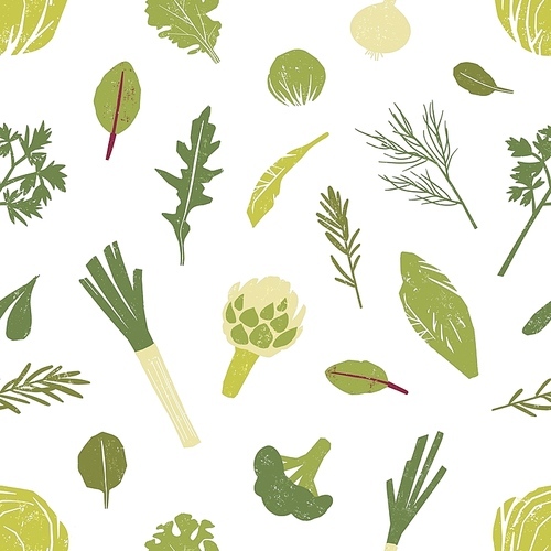 Seamless pattern with green vegetables, salad leaves and spice herbs on white background. Backdrop with wholesome organic veggie food. Colorful vector illustration for textile , wallpaper