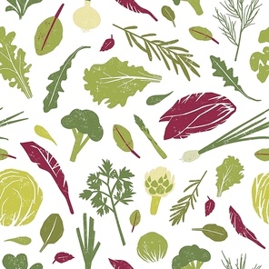 Seamless pattern with green plants, tasty vegetables and salad leaves on white background. Backdrop with healthy vegan or vegetarian food. Colorful vector illustration for textile , wallpaper.