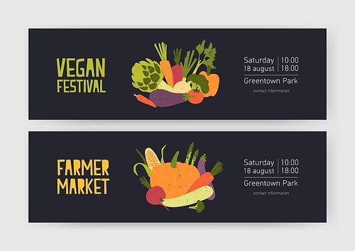 Bundle of web banner templates with harvested crops and gathered vegetables and place for text on black background. Vector illustration for vegan festival and farmers market advertisement, promo