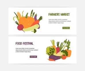 Set of web banner templates with tasty organic vegetables and place for text on white background. Colorful modern vector illustration for vegan food festival promo or farm market advertisement.