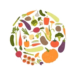 Round decorative composition with fresh raw ripe vegetables or harvested crops. Circular design element with veggie food products isolated on white background. Colored flat modern vector illustration.