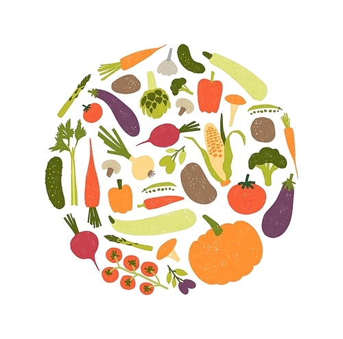 Round decorative composition with fresh raw ripe vegetables or harvested crops. Circular design element with veggie food products isolated on white . Colored flat modern vector illustration.