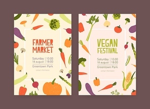 Set of flyer or invitation templates for farmer market and vegan food festival with frames made of fresh ripe vegetables and place for text. Colorful modern vector illustration for event announcement.