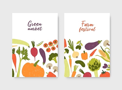 Bundle of poster or flyer templates with fresh organic locally grown vegetables and place for text on white background. Vector illustration for farm festival, green market, grocery shop advertisement