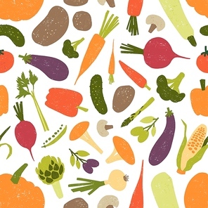 Seamless pattern with fresh tasty organic vegetables and mushrooms on white background. Backdrop with vegetarian food products. Colored vector illustration for fabric print, wrapping paper, wallpaper
