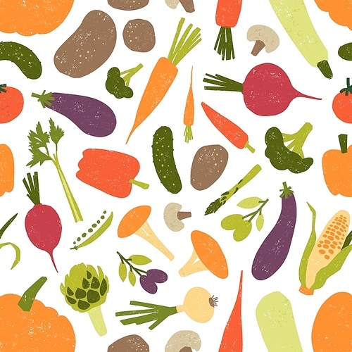 Seamless pattern with fresh tasty organic vegetables and mushrooms on white background. Backdrop with vegetarian food products. Colored vector illustration for fabric , wrapping paper, wallpaper