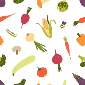 Seamless pattern with fresh organic vegetables or harvested crops scattered on white background. Backdrop with healthy veggie food products. Vector illustration for textile print, wrapping paper