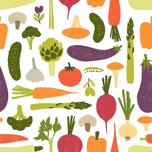 Modern seamless pattern with delicious vegetables or harvested crops on black background. Backdrop with healthy vegetarian food products. Vector illustration for textile , wrapping paper