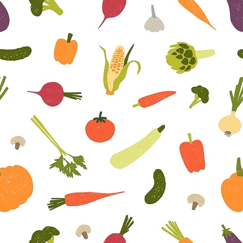 seamless pattern with harvested crops or fresh raw organic vegetables scattered on white background. backdrop with healthy vegan  food. vector illustration for fabric , wrapping paper