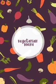 Vegetarian menu cover template decorated with fresh delicious organic vegetables and mushrooms scattered on black background. Colorful modern flat vector illustration for veggie restaurant promotion.