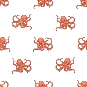 Seamless pattern with octopus on white background. Backdrop with marine animal or mollusc with tentacles, deep sea creature, underwater inhabitant, ocean monster. Realistic vector illustration