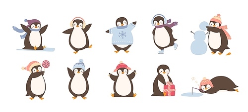 Bundle of adorable penguins wearing winter clothing and hats isolated on white . Set of funny cartoon arctic animals in outerwear. Colorful childish vector illustration in flat style.