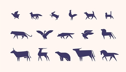 Collection of silhouettes or shapes of wild and domestic animals and birds isolated on light background, side view. Modern monochrome vector illustration for logotype in trendy geometric style