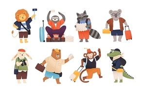 Collection of cute happy wild animals tourists or travellers. Bundle of funny amusing cartoon characters with baggage or luggage going on trip or vacation. Flat childish vector illustration