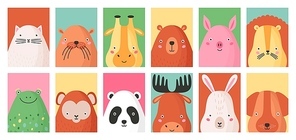 Collection of colorful card templates with portraits of different funny adorable wild and domestic animals isolated on white background. Vector illustration for children in flat cartoon style