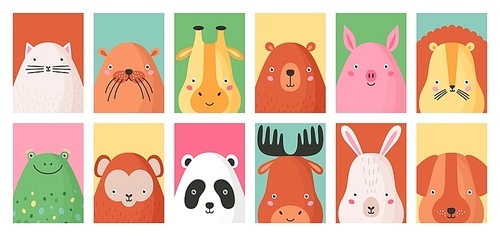 Collection of colorful card templates with portraits of different funny adorable wild and domestic animals isolated on white . Vector illustration for children in flat cartoon style