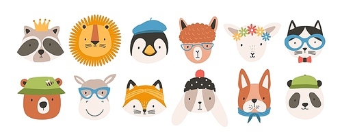 Collection of cute funny animal faces or heads wearing glasses, hats, headbands and wreaths. Set of various cartoon muzzles isolated on white . Colorful hand drawn vector illustration