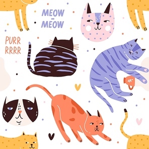 Seamless pattern with sleeping, playing, hunting cats or kittens and their muzzles. Backdrop with adorable pet animals on white background. Flat vector illustration for textile , wrapping paper