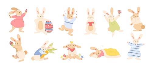 set of cute funny . rabbits or bunnies isolated on white . bundle of adorable happy animals holding egg, carrot, lollipop, sleeping. childish vector illustration for spring holiday