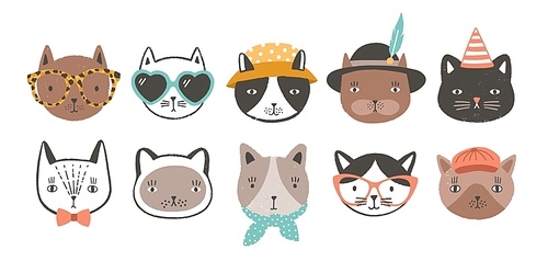 Collection of cute funny cat faces or heads wearing glasses, sunglasses and hats. Bundle of various cartoon animal muzzles isolated on light background. Colorful hand drawn vector illustration