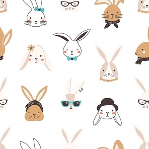 Childish seamless pattern with funny bunny faces on white background. Backdrop with cute rabbits or hares wearing glasses, sunglasses, hat, scarf, headscarf, bow tie. Flat cartoon vector illustration