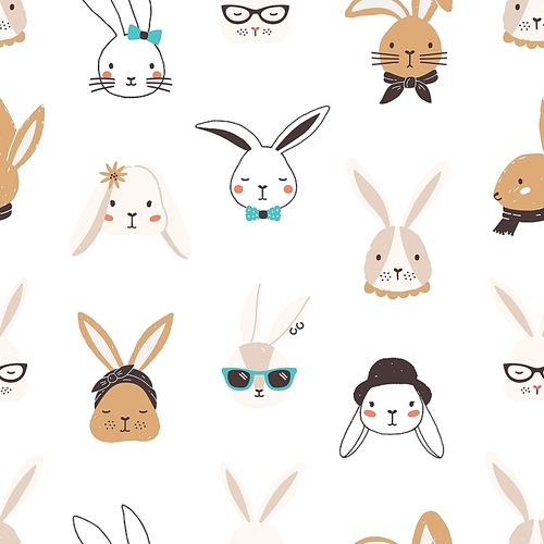 Childish seamless pattern with funny bunny faces on white background. Backdrop with cute rabbits or hares wearing glasses, sunglasses, hat, scarf, headscarf, bow tie. Flat cartoon vector illustration