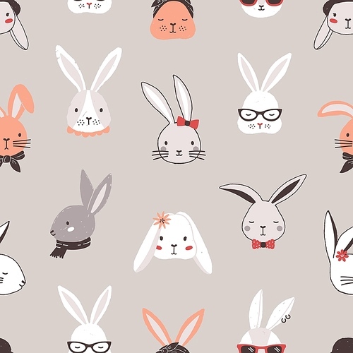 Seamless pattern with rabbit faces on grey background. Backdrop with heads of funny bunnies or hares wearing glasses, sunglasses, hat, scarf, headscarf, bow tie. Flat cartoon vector illustration