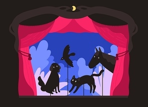 Rod shadow puppets manipulated by puppeteer at theater stage. Telling of scary story, entertaining performance with silhouettes of animals for children. Flat colorful cartoon vector illustration.