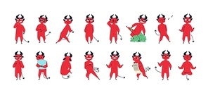 Collection of funny devil in different postures isolated on white background. Set of cute adorable demon expressing various emotions. Colorful vector illustration in flat cartoon style