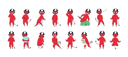 Collection of funny devil in different postures isolated on white . Set of cute adorable demon expressing various emotions. Colorful vector illustration in flat cartoon style
