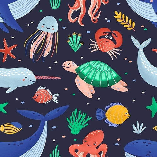 Seamless pattern with cute funny marine animals or happy underwater creatures living in sea. Ocean fauna. Flat cartoon childish vector illustration for textile , wrapping paper, wallpaper.