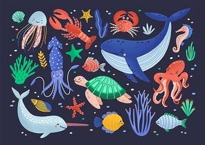 Collection of cute funny smiling marine animals - mammals, reptiles, molluscs, crustaceans, fish and jellyfish isolated on dark background. Sea and ocean fauna. Flat cartoon vector illustration.