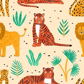 Trendy seamless pattern with hand drawn lions, tigers, leopards and leaves of tropical plants on light background. Backdrop with cute wild exotic predators. Colorful vector illustration in flat style