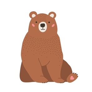 Cute adorable little brown bear. Funny lovely forest carnivorous animals isolated on white background. Amusing spring character. Bright colored childish vector illustration in flat cartoon style