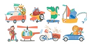 Set of funny adorable animals in various types of transport - driving car, fishing in sailboat, riding bicycle, skateboarding, flying on plane or helicopter. Colorful childish vector illustration.
