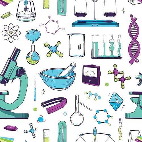 Seamless pattern with chemical and physical lab equipment. Backdrop with attributes of scientific experiment, study, research. Hand drawn vector illustration in realistic style for wrapping paper