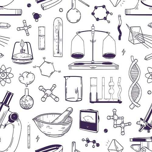 Monochrome seamless pattern with chemical and physical lab equipment hand drawn with contour lines on white background. Backdrop with tools for scientific experiment. Realistic vector illustration