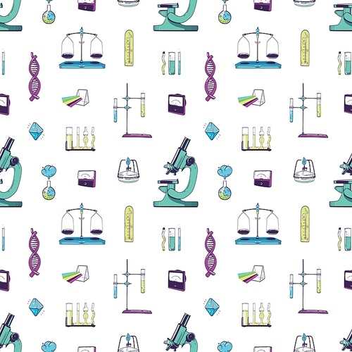 Seamless pattern with chemistry and physics laboratory equipment. Backdrop with measuring tools for scientific experiment, study, research. Hand drawn realistic vector illustration for textile