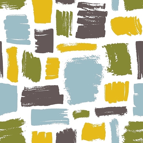 Modern seamless pattern with blue, green, yellow brush strokes on white background. Creative backdrop with paint traces or marks. Hand painted vector illustration in artistic style for textile