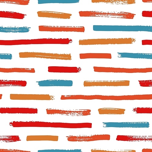 Abstract seamless pattern with red, orange and blue brushstrokes on white background. Vibrant backdrop with horizontal paint traces or smears. Vector illustration in grunge style for fabric print