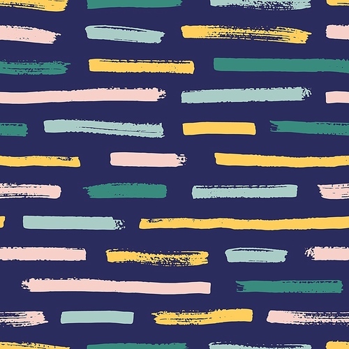 Cool seamless pattern with bright colored paint traces on dark background. Creative backdrop with horizontal brush strokes, smears, daub. Stylish vector illustration for wrapping paper, textile