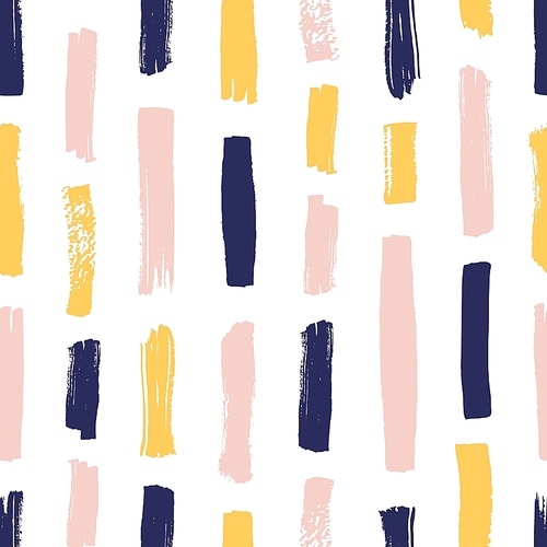 Modern seamless pattern with yellow, pink, blue brush strokes on white background. Creative backdrop with vertical paint traces or smears. Artistic vector illustration for textile print, wallpaper