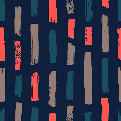 Hand painted seamless pattern with vibrant vertical paint traces on black background. Abstract backdrop with rough brush strokes, marks, stains. Vector illustration for wrapping paper, wallpaper