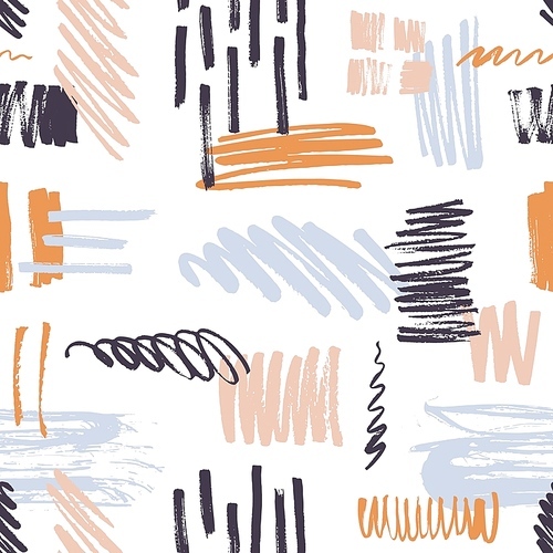 Stylish seamless pattern with vivid brush strokes, scribble daub on white background. Modern backdrop with rough paint traces and stains. Cool vector illustration in grunge style for wrapping paper