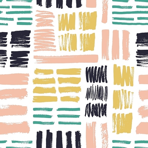 Seamless pattern with bright colored brush strokes on white background. Creative backdrop with rough paint marks or scribble. Contemporary vector illustration for wrapping paper, textile