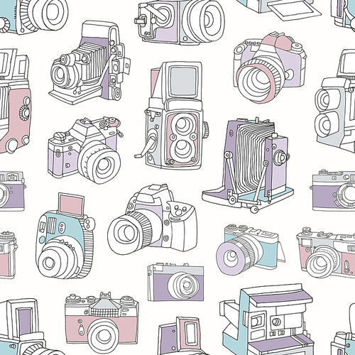 Seamless pattern with film and digital photographic or photo cameras on light background. Photography backdrop. Hand drawn vector illustration in doodle style for wrapping paper, textile