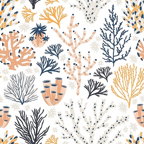 Seamless pattern with corals and seaweed or algae on white background. Backdrop with exotic seabed species, underwater creatures. Flat colorful vector illustration for wrapping paper, textile