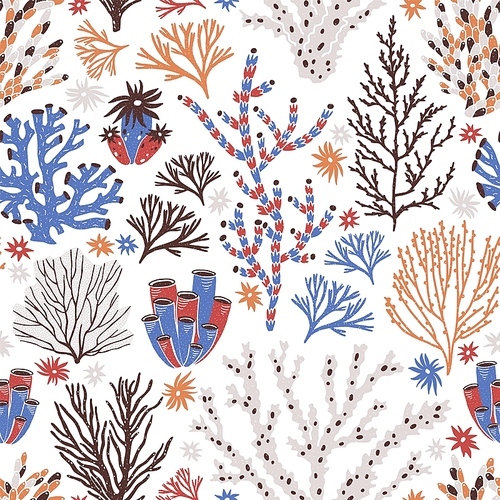 Seamless pattern with coral and seaweed on white background. Backdrop with tropical reef or seabed flora and fauna, underwater life. Flat colorful vector illustration for fabric , wallpaper