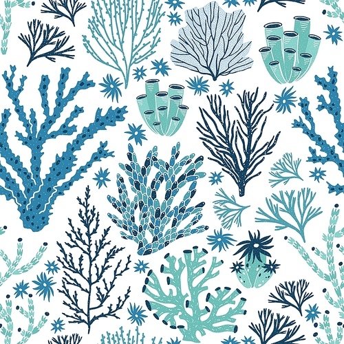 Seamless pattern with blue and green corals and seaweed. Backdrop with seabed species, underwater flora and fauna, aquatic life. Flat decorative vector illustration for fabric , wallpaper