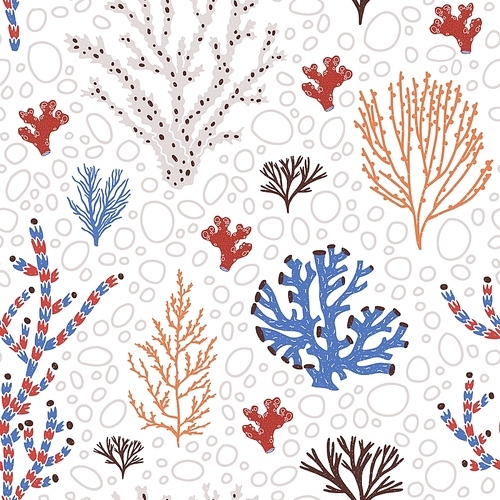 Seamless pattern with blue and red corals, seaweed or algae. Backdrop with sea species, ocean flora and fauna, exotic underwater wildlife. Flat natural vector illustration for wrapping paper